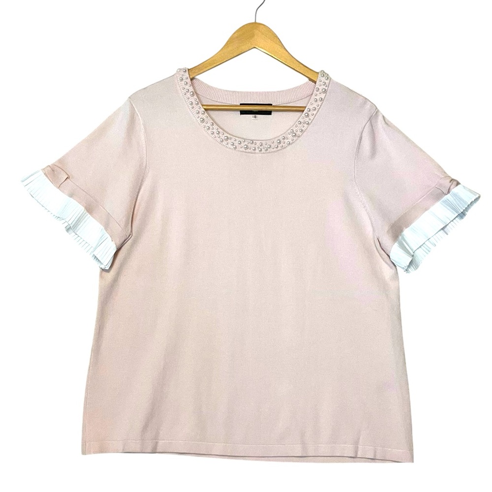 KARL LAGERFELD sz X Large Pearl Bead Neckline Sweater Short Sleeve Ruffle Pink